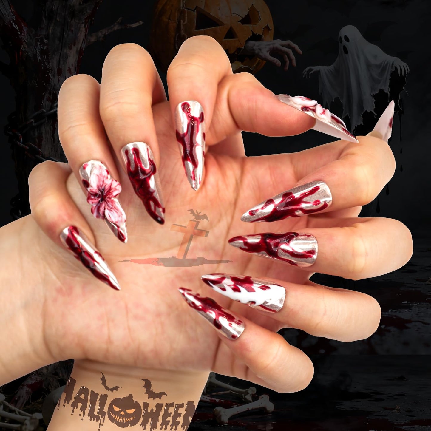 Yacey Halloween Handmade Press on Nails Long Stiletto, Reusable Muti-Gel False Nails Press Ons, Horror Blood Design Thick Acrylic Fake Nails, 3D Flower Glossy Glue on Nails for Women Girls (10 Pcs, S)