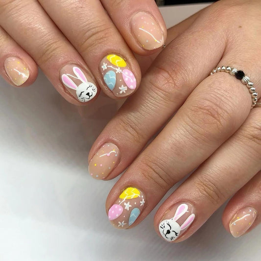 MISUD Press on Nails - Short Square Fake Nails with Colorful Polka Dot, Acrylic Easter Bunny Eggs Design 24 pcs