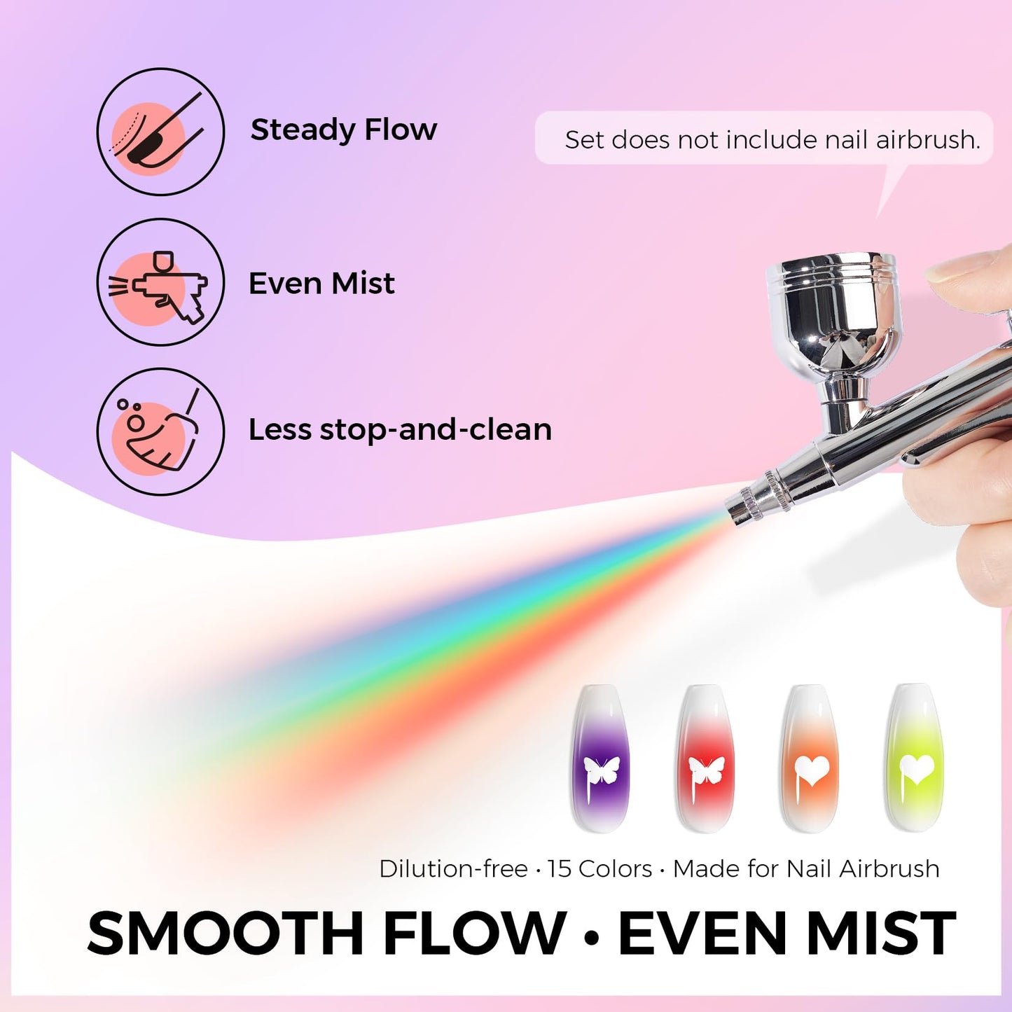 Glamonade Airbrush Gel Nail Polish: 15 Colors Kit No Clogging No Dilution Smooth Spray High Pigment for Ombre French Nail Art Airbrush Nail Paint Beginner Friendly