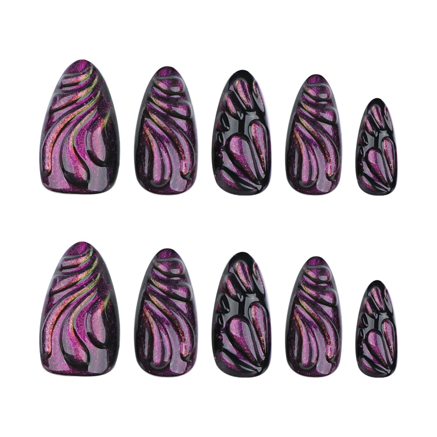 24pcs Black Purple Press on Nails Cat's Eye Fake Y2K Nails 3D Butterfly Water Drops Design Handmade Press on Nails Cool Punk False Nails Medium Almond Tip False Nails for Women Daily Wear