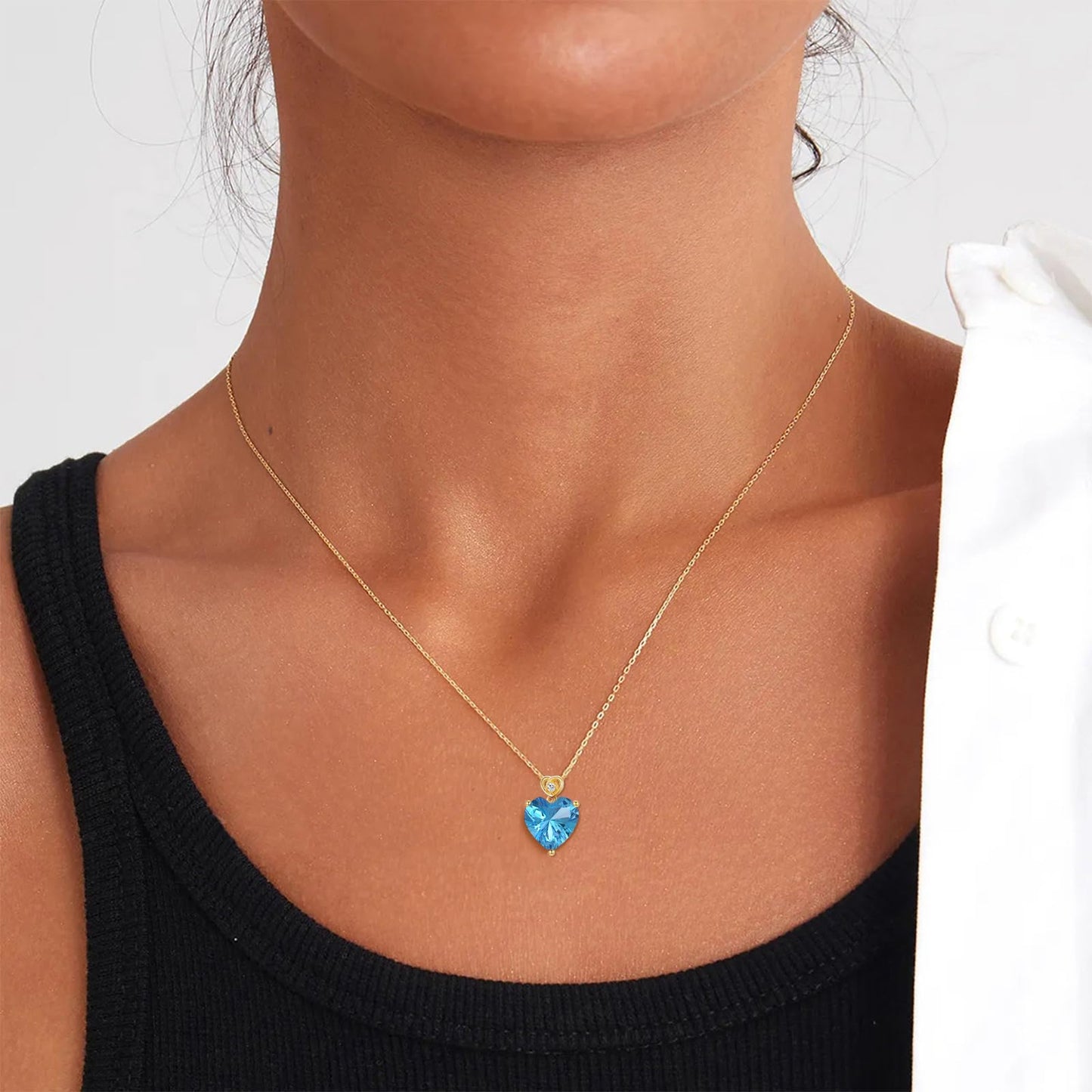 NFYBD 14k Gold Love Heart Blue Topaz Birthstone Pendant Necklace for Women 3 Carat Heart-cut Created Gemstone Anniversary Birthday Mother's Day Necklaces for Her 16+1+1 inch-Dec