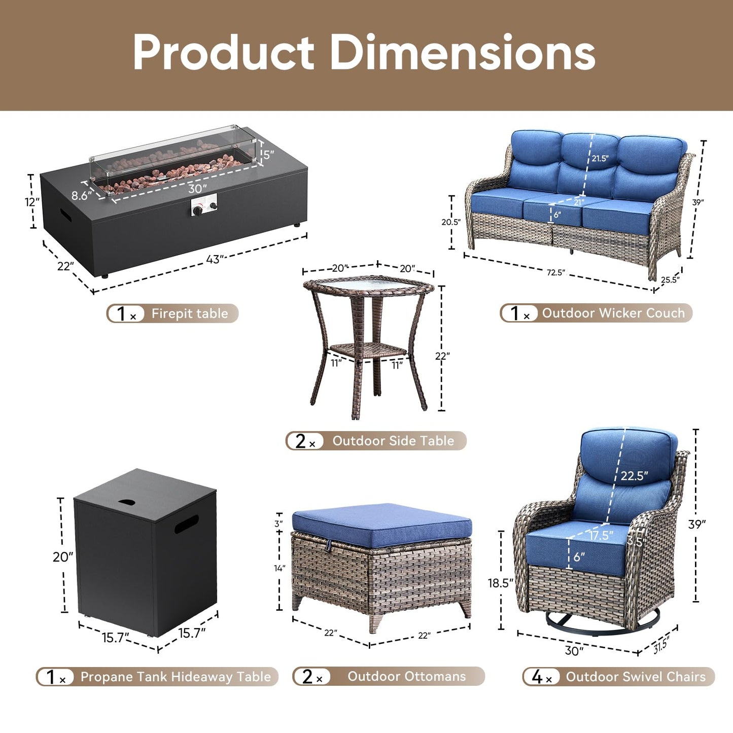 HUMMUH Luxury Patio Furniture Set 6-inch Thick Cushions High Back Swivel Rocker Chairs & 3 Seater-Couch & Steel Fire Pit Table 11 Pieces Outdoor Conversation Set for Porch,Deck,Backyard
