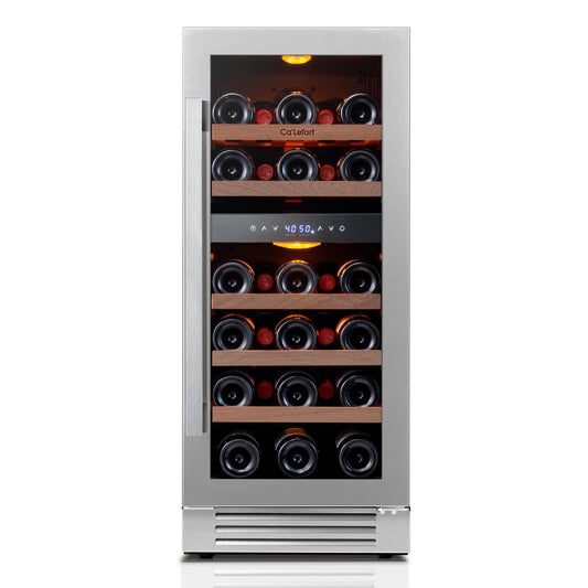 Ca'Lefort 15 Inch Wine Fridge, 28 Bottle Wine Cooler Refrigerator, 40-65°F Wine Refrigerator Glass Door, 3 LED Dual Zone Wine Fridge, Built-in or Freestanding Fridge for Home/Bar/Kitchen (3.0 cu.ft)