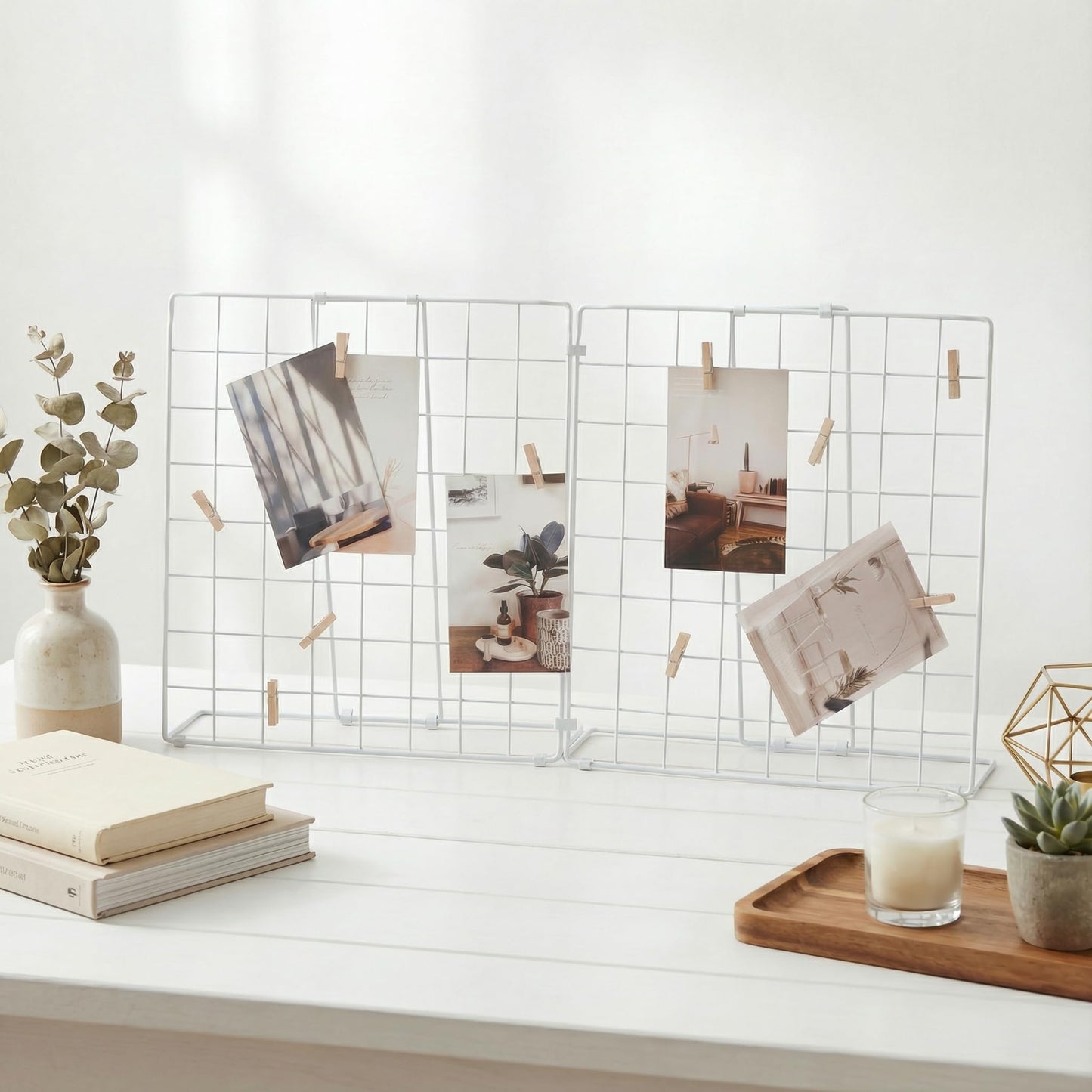 JAJAGOU Foldable Double-sided Desktop Photo Display Rack & Grid Display Board With 20 Wooden Clips – Photo & Accessory Organizer For Home Office White