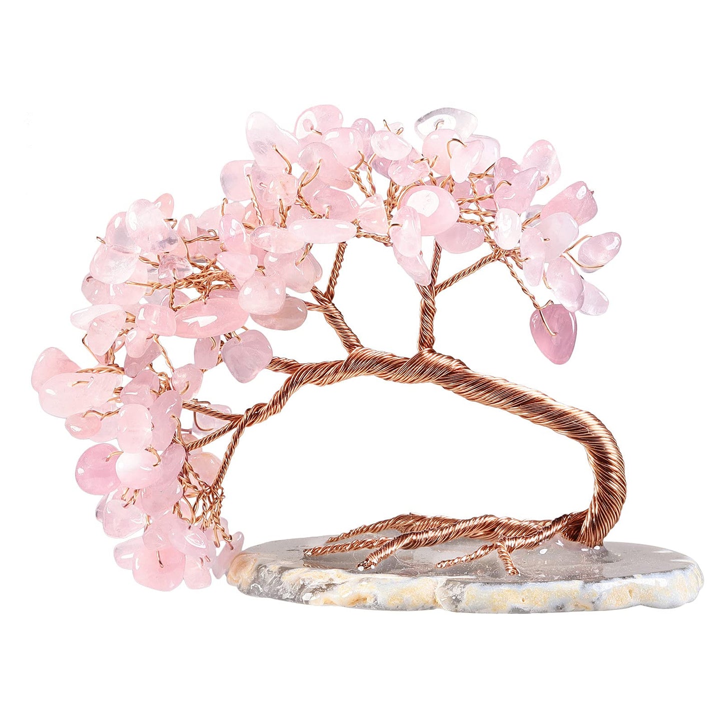 mookaitedecor Natural Rose Quartz Crystal Money Tree Agate Slice Base Feng Shui Bonsai Crystal Tree for Wealth Luck Desk Decor, 3-4 Inch High