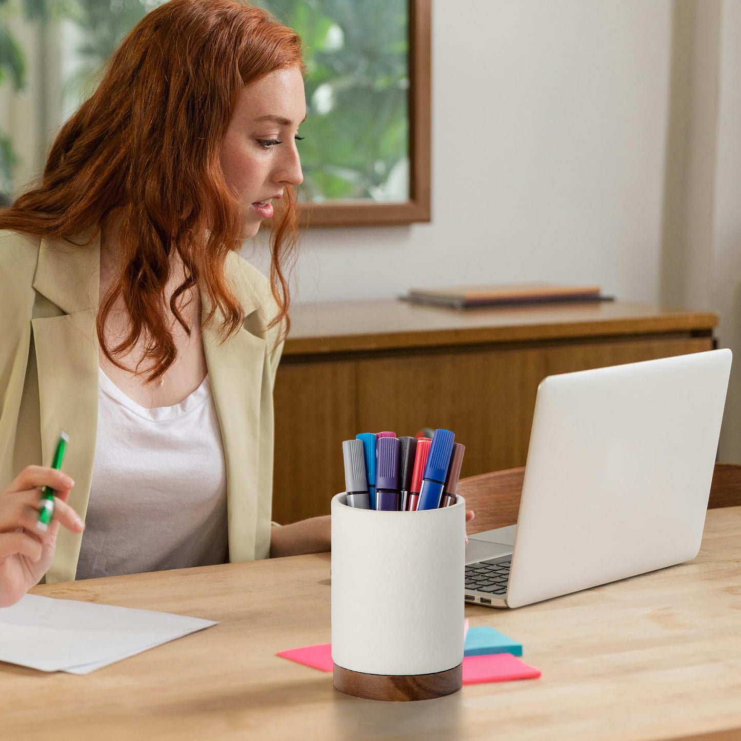 Officepal Pen Holder for Desk, Ceramic Pencil Organizer & Makeup Brush Holder, Office Decor and Desk Accessories，Perfect Office Organization,Teacher Supplies (White, Set / 1)