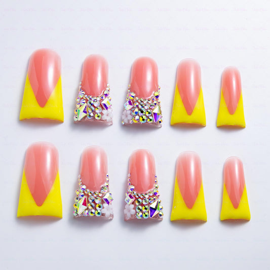 IntoVibes 10 Pieces Luxury Acrylic Press On Nails Long Handmade Duck Nails, Yellow Thickened False French Nails, With Bling Rhinestones & Y2K Princess Vibes, Reusable Acrylic Nails (M)