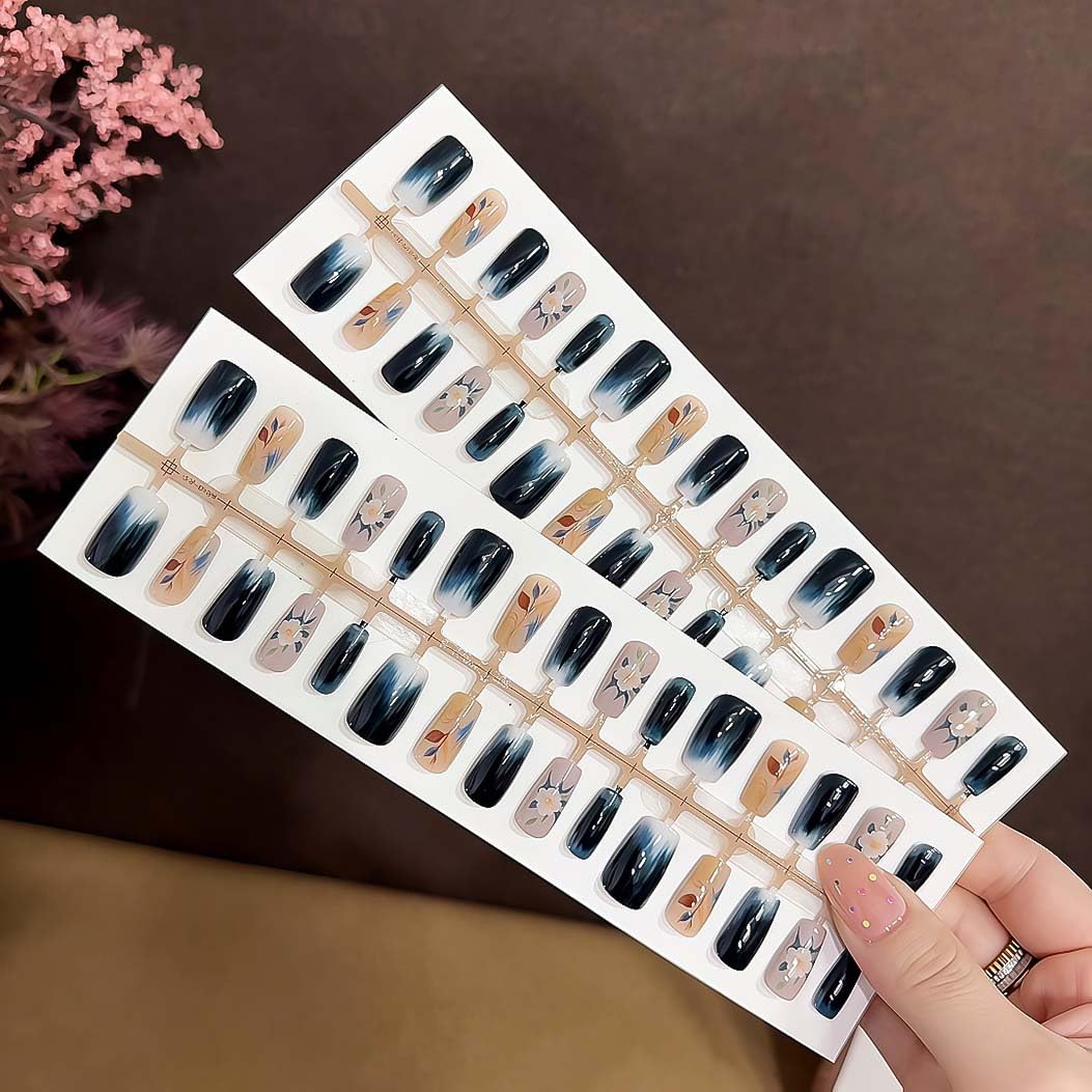 RikView Square Press on Nails Medium Fake Nails Dark Blue Nails with Flowers Design Glossy Full Cover Nails for Women 30 PCs/Set