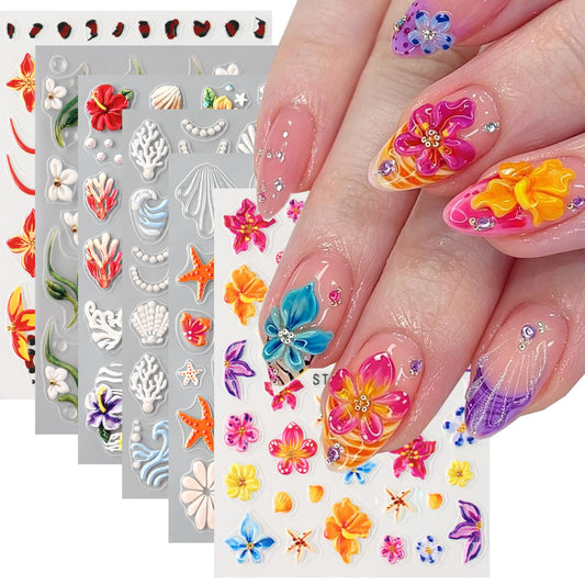 5D Embossed Nail Stickers, 6Pcs Self-Adhesive 3D Floral Nail Decals with Hibiscus, Dolphin & Starfish,Seashell, Tropical Flower Summer Ocean Nail Art Supplies DIY Manicure Nail Accessories for Women