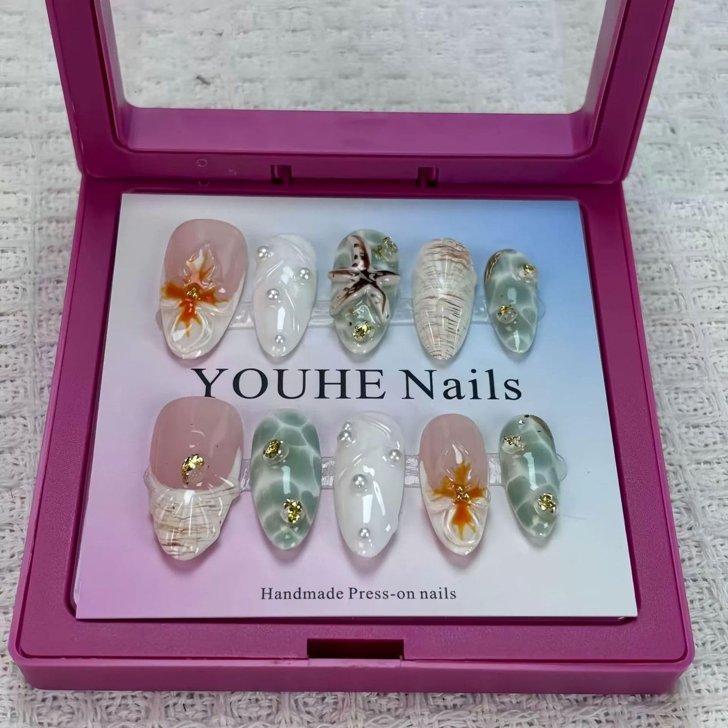 Threelegscat Handmade Press on Nails Almond Medium Press Ons with Flower and Beach Designs for Women Size L 10pcs