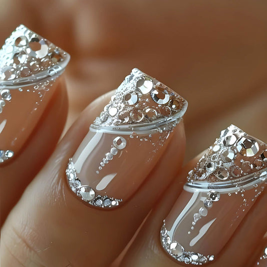 Press on Nails Medium Square Fake Nails Glitter French Acrylic False Nails with Designs Rhinestones Nails Press ons Full Cover Artificial Glue on Nail Natural Stick on Nail for Women 24Pcs