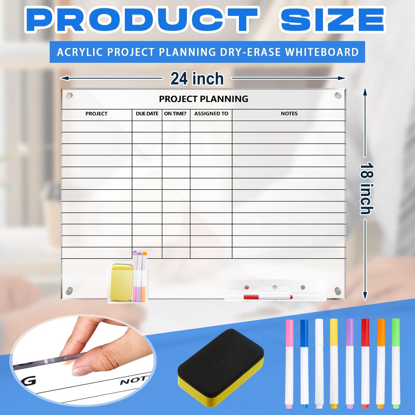 Lincia Acrylic Project Planning Board, 24 x 18 Inch Clear Wall Schedule Dry Erase Board with 8 Markers and Eraser, Whiteboard Planner with Lines for Home Office Project and Family Organization