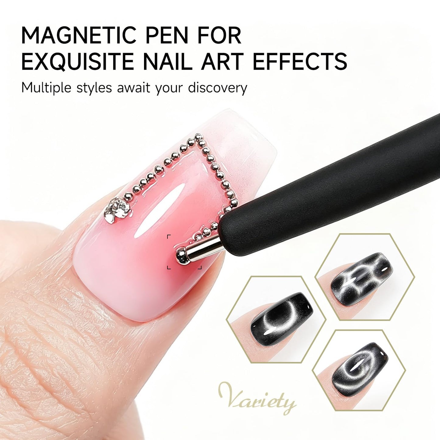 JODSONE Cat Eye Magnet Set for Nails,3-in-1 Cylinder Cat Eye Magnet with Ball Magnets, Magnetic Nail Art Pen, French & Black Hole Metal Nail Art Guides for Cat Eye Gel Polish