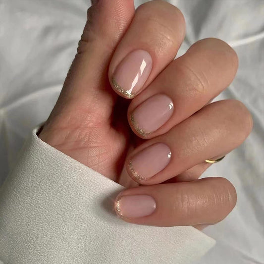 IMSOHOT Short Square Squoval Glossy Press on Nails, Nude Gold French Acrylic Nails for Women, 24PCS