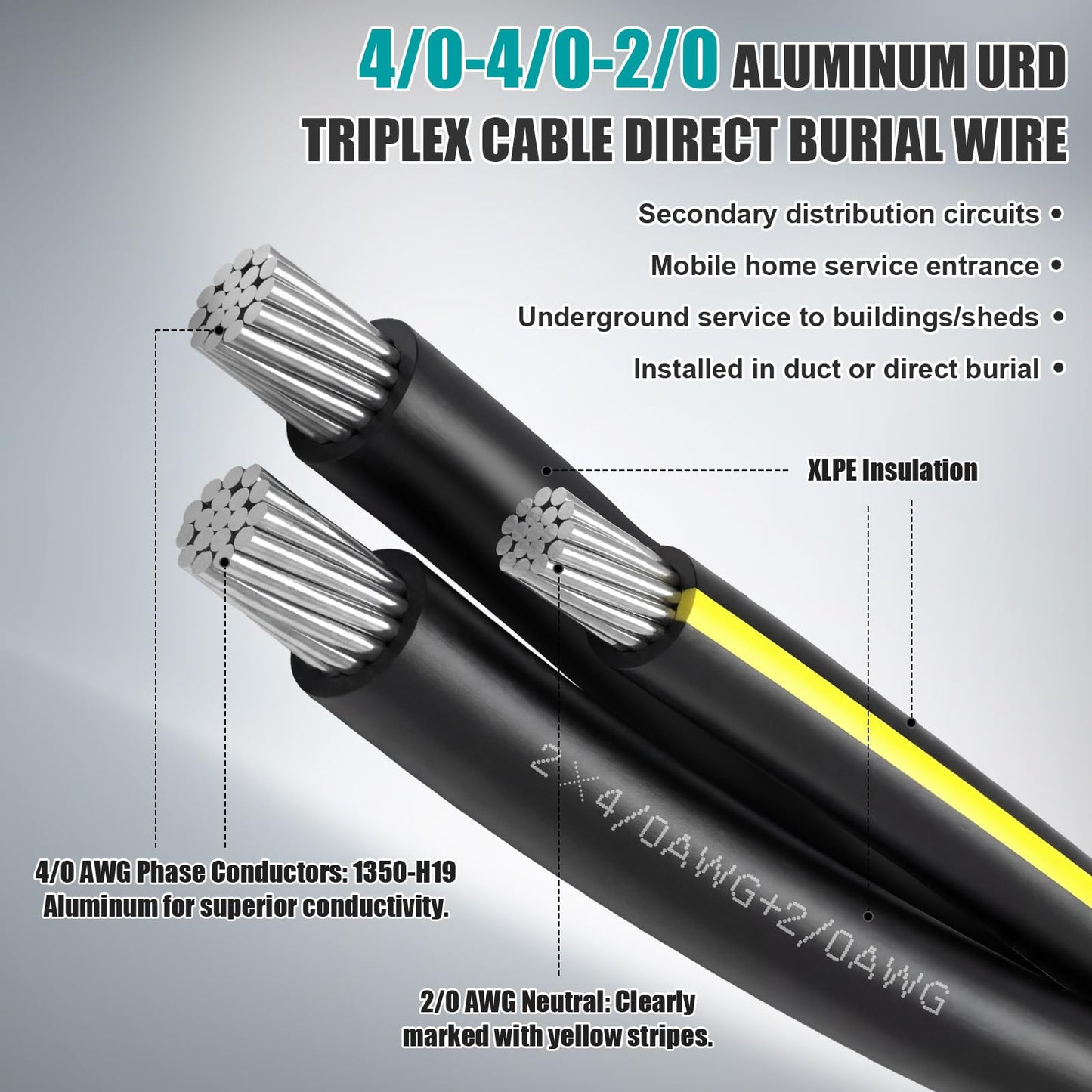 BreezeHug 125Ft 4/0-4/0-2/0 Aluminum URD Direct Burial Cable, 3-Conductor 600V, 19-Strand, XLPE Insulation Service Cable, Direct Burial Wire for Outdoor& Conduit