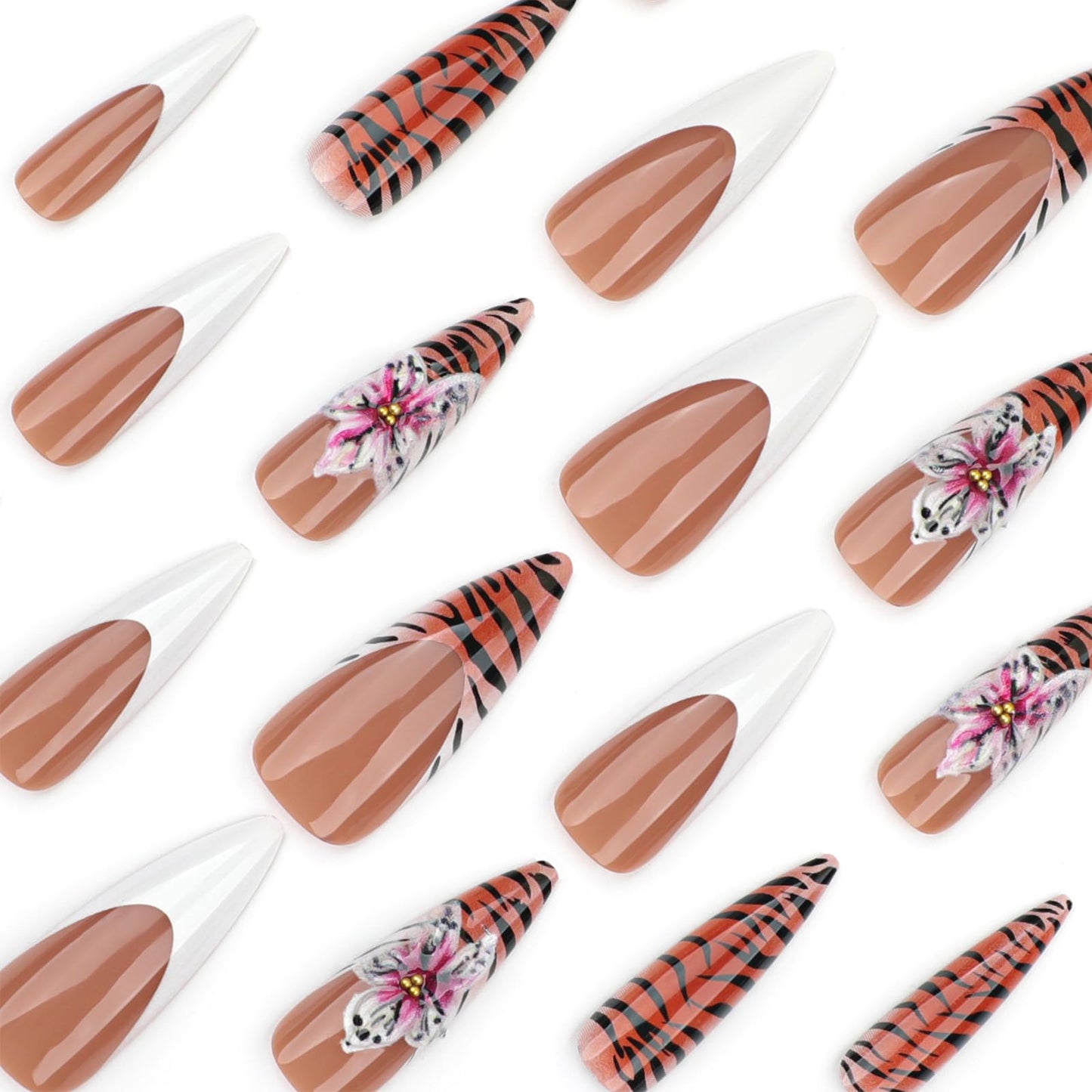 SINHOT Stiletto Press on Nails Long Fake Nails Glossy Glue on Nails Zebra Stripes Acrylic Nail 3D Flower Almond Artificial Nail White French Tip Stick on False Nail with Design 24 pcs