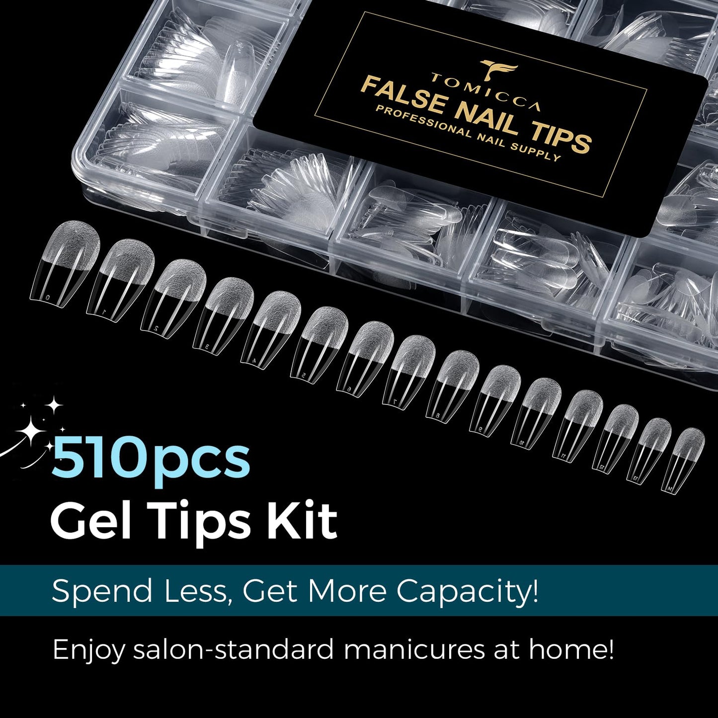 TOMICCA Medium Coffin Nail Tips 510PCS, 15 Sizes Coffin Nails Tips Full Cover Half Ultra Matte Pre-Shaped Clear Acrylic Nail Tips for DIY Salon, Gel Nail Extension Tips for Beginners & Nail Techs