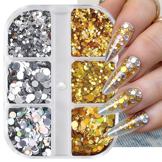 6 Grids Gold Silver Round Circle Nail Art Sequins Glitter for Nails Holographic Mirror Sparky Confetti Nail Flakes for Art Accessories Mixed Size Round Loose Sequin Nail Tech Decor Glitter Decoration