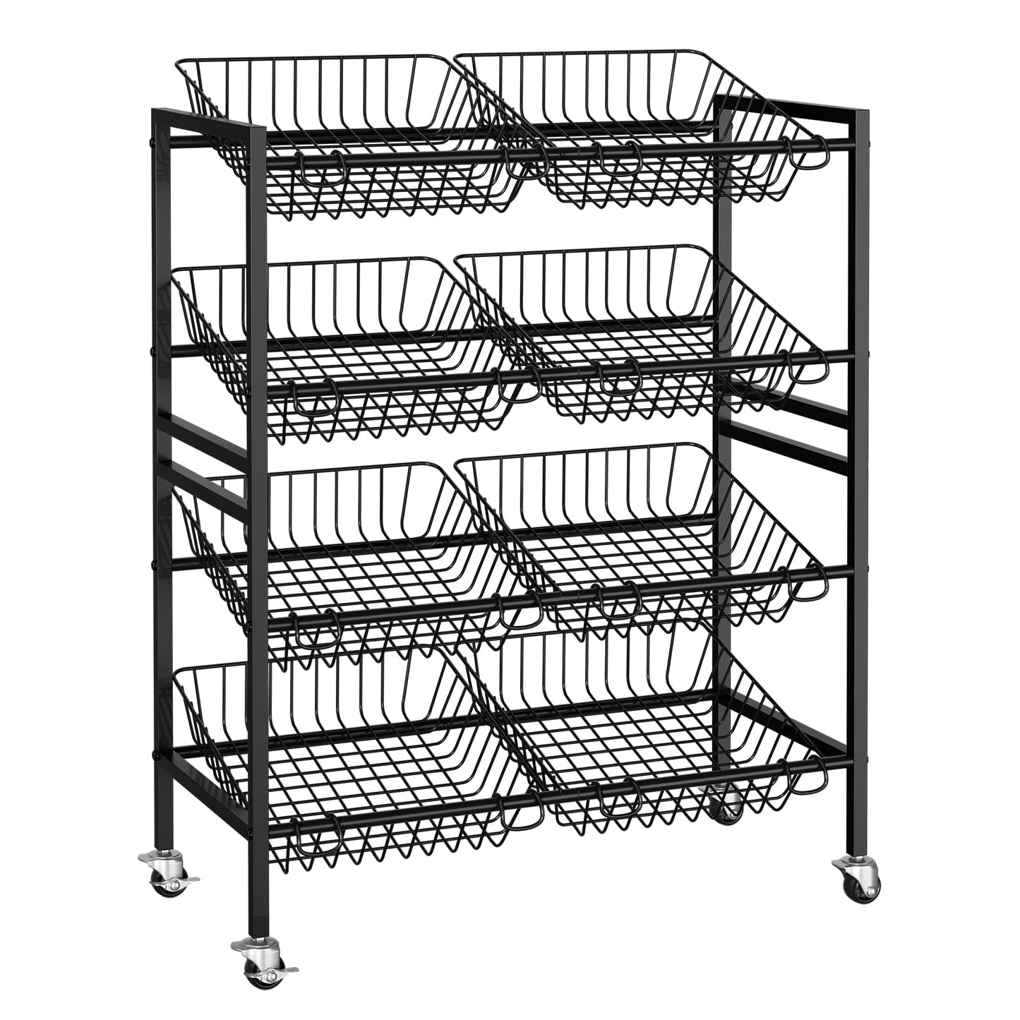 Evermagin 25.2''W Kitchen Storage Cart, Rolling Snack Cart, 4 Tier Fruit Basket Vegetable Stand, Metal Pantry Storage Organizer with 8 Removable Baskets for Onion Potato, Black