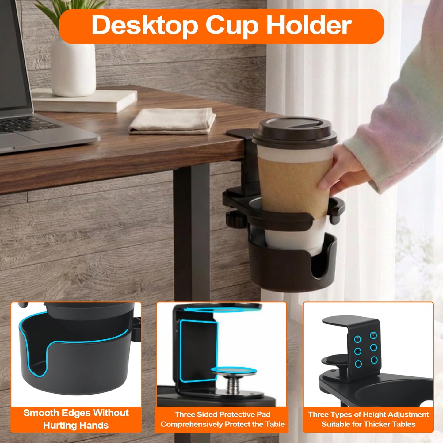 Desk Cup Holder Clamp with 360° Rotation,Anti-Spill Clip On Table Cup Holder, 1 Cord Organizer, Rotatable Water Bottle Stand Drink Coffee Mug Storage, Office Accessories for Home and School (Black)