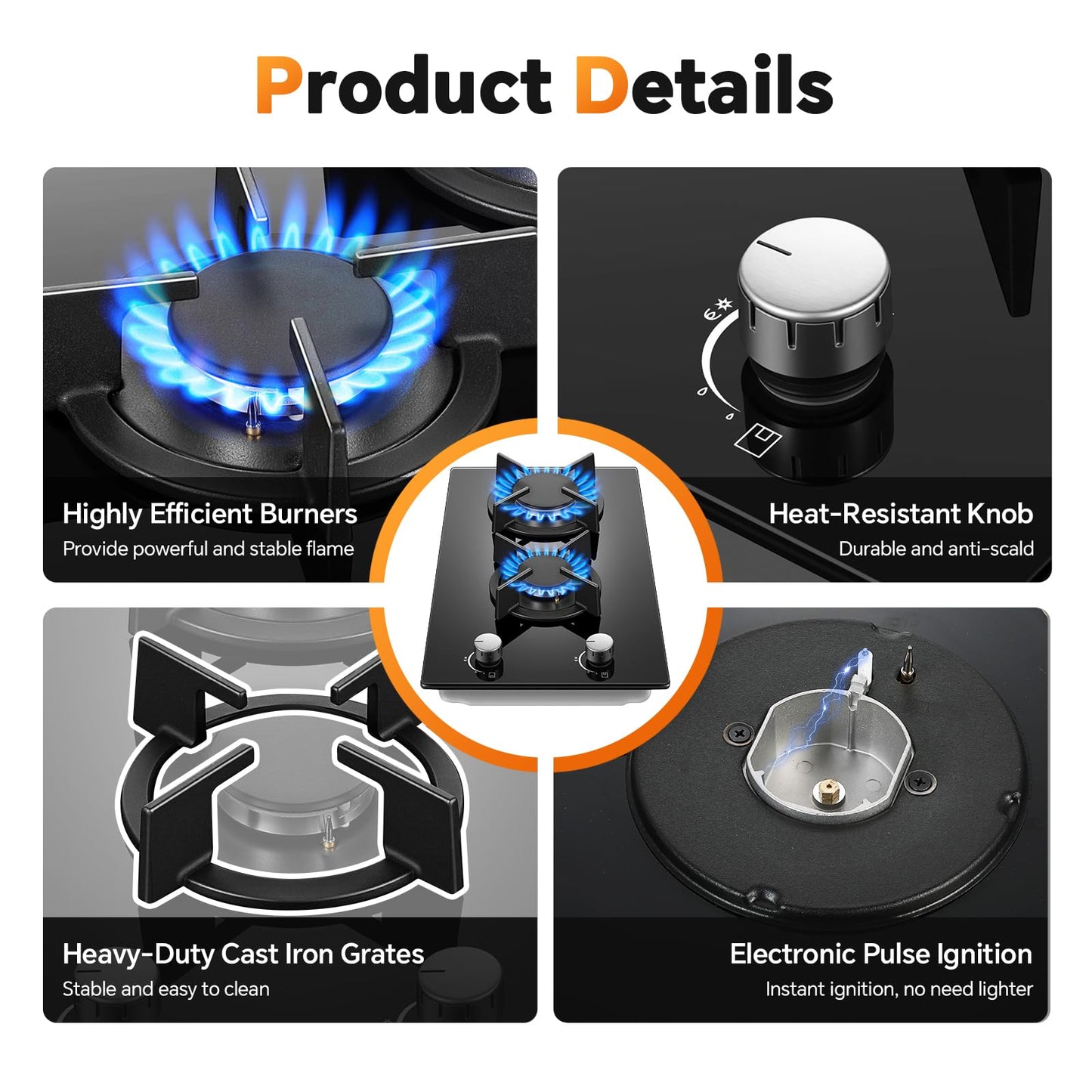 Gas Stove 2 Burner, Propane Cooktop 12 Inch, Built-in Gas Cooktop Black Tempered Glass Stove Top with Thermocouple Protection, LPG/NG Dual Fuel Hob for Apartment, Kitchen, RV