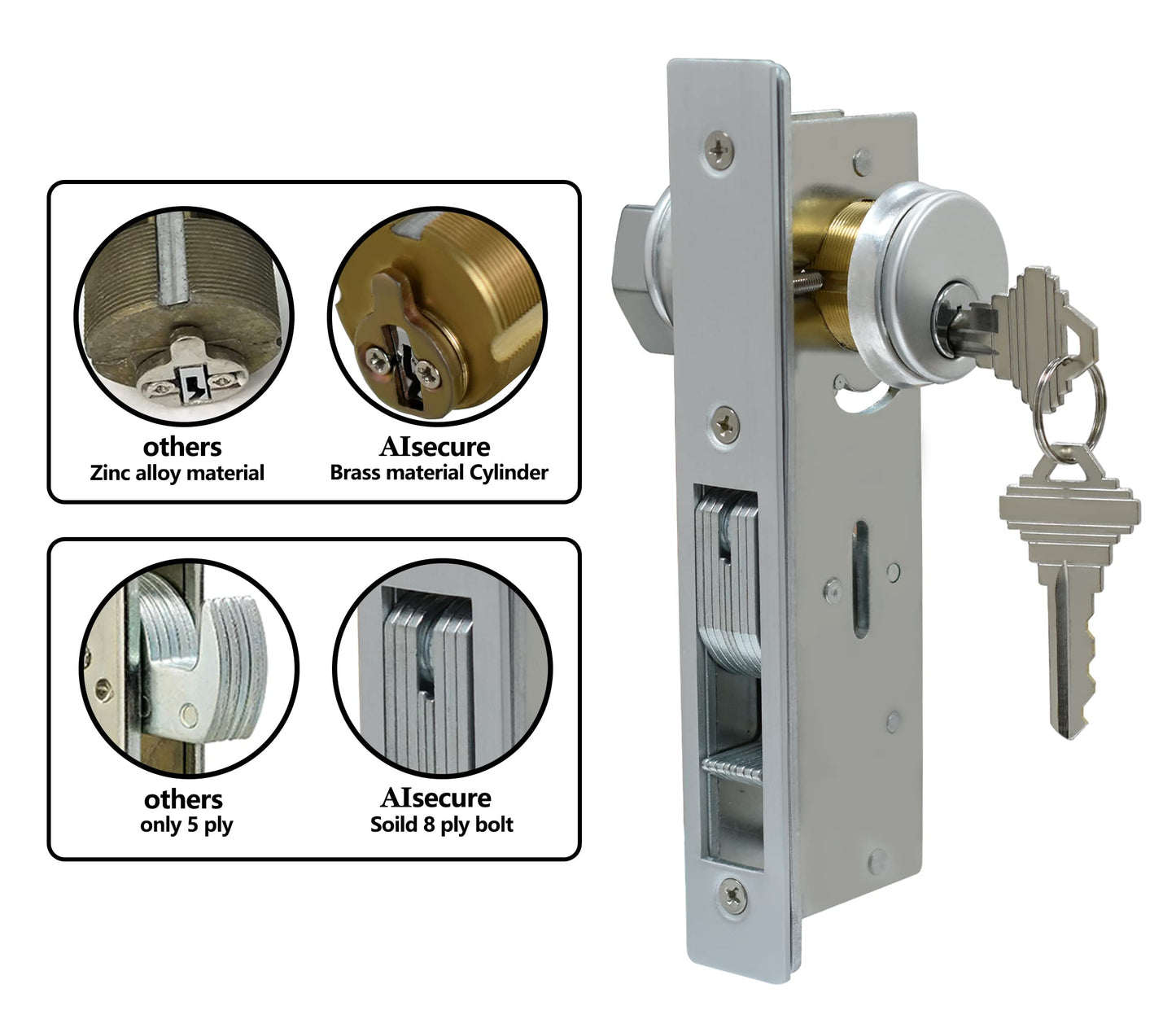 Storefront Door Mortise Lock Set, Commercial Aluminum Mortise Lock with Hook Deadbolt & Solid Brass Cylinder, Keyed, 1-1/8" Backset,Silver