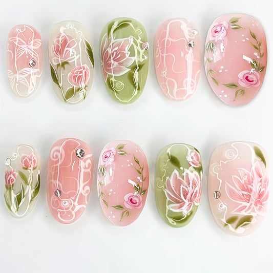 Pink Flower Press on Nails Short Oval Cute Fake Nails with 3D Rhinestone Design Spring Acrylic Nails Butterfly False Nails Summer Glue on Nails Lotus Flower Rose Press ons Artificial Nails Decor 24Pcs