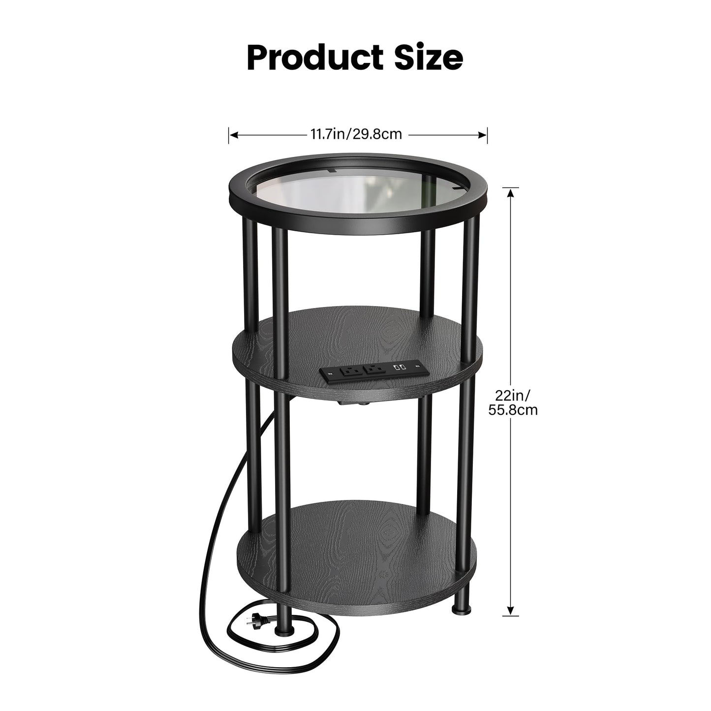 Homeiju Glass Side Table, 3-Tier Glass End Table with Adjustable Feet, Bedside Table for Small Space for Living Room, Balcony, Bedroom, Black, with USB Ports & Power Outlets