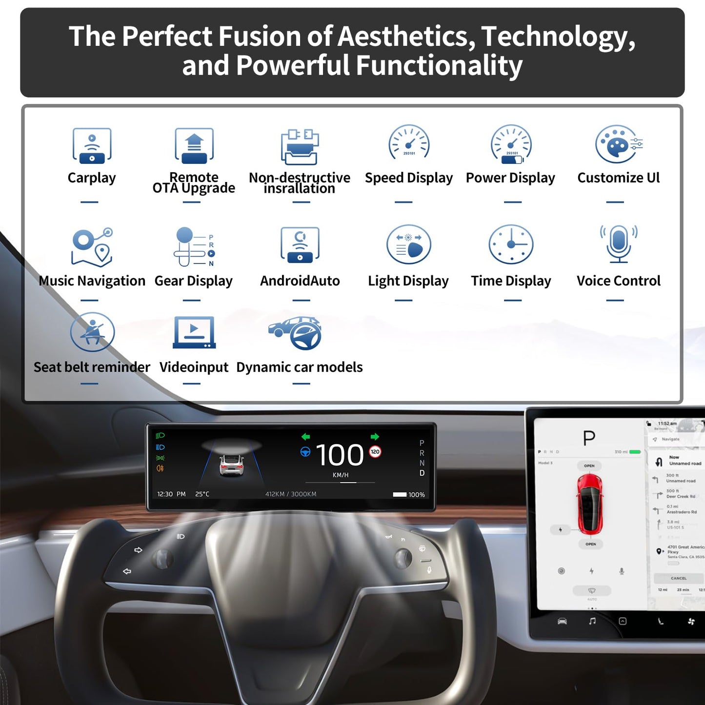 8.8” Ultra-Thin Head Up Display for Tesla 2024 Highland Model 3 with Front Camera, Wireless/Wired CarPlay & Android Auto,Spot Blind Warning,No AC Vent Block,Auto-Pilot,OTA Update