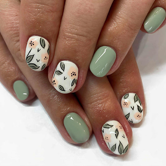 Square Press On Nails Short Fake Nails Flower With Leaf Design Green False Nails Acrylic Full Cover Artificial Glue On Nail Glossy Reusable Cute Stick On Nails For Women Manicure Art 24pcs