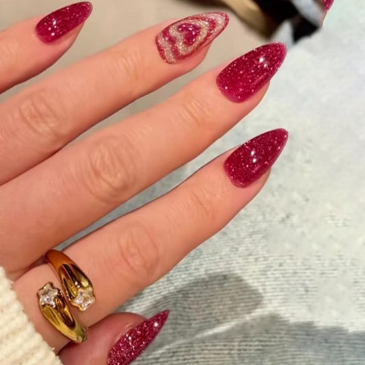 DANMANR Short Press on Nails Almond Fake Nails Full Cover Bling Acrylic Cat's Eye Burgundy False Nails for Women and Girls 30PCS