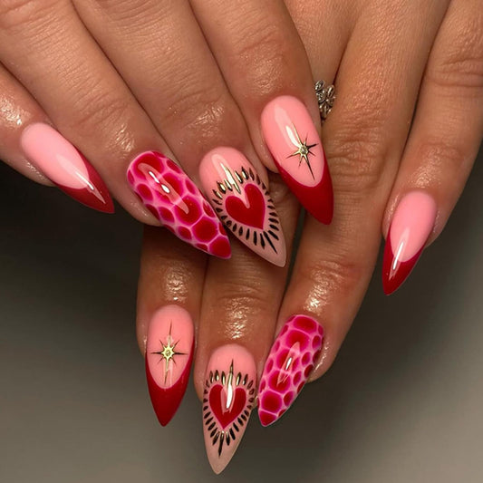 French Red Valentines Press on Nails Medium Almond Artificial Acrylic Fingernails Leopard Print with Red Love Metal Lines Full Cover Glossy Glue on Nails Press Ons Nail for Women Festival Manicure