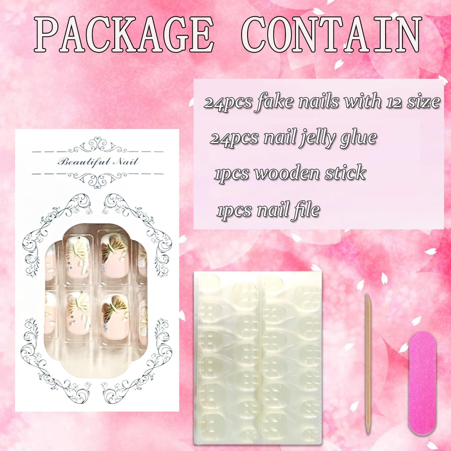 FIEONCIY Modern Glossy Full Cover Square French False Nails with Designs Artificial Short Square Fake Nails with Charms Glue Stick ons Fingernails for Women Girls (FD017) - 24 pcs