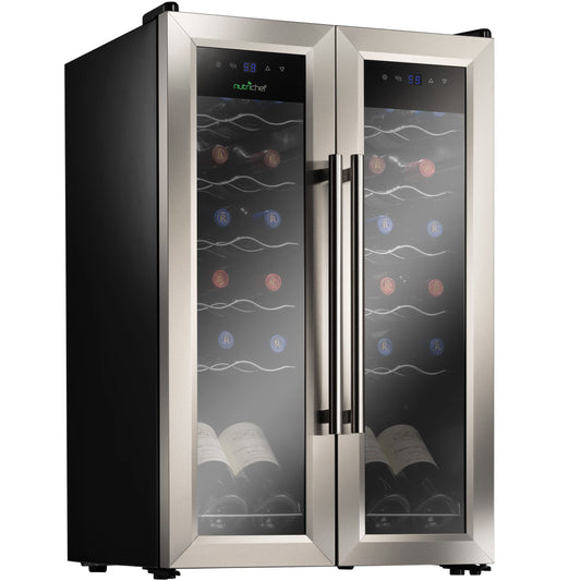 NutriChef 24-Bottle Wine Fridge – Dual Zone Cooler for Red & White Wines, 41°F–64°F Temp Control, Ultra-Quiet, Fits Home, Office, or Kitchen Counters – 31x19x20 in.