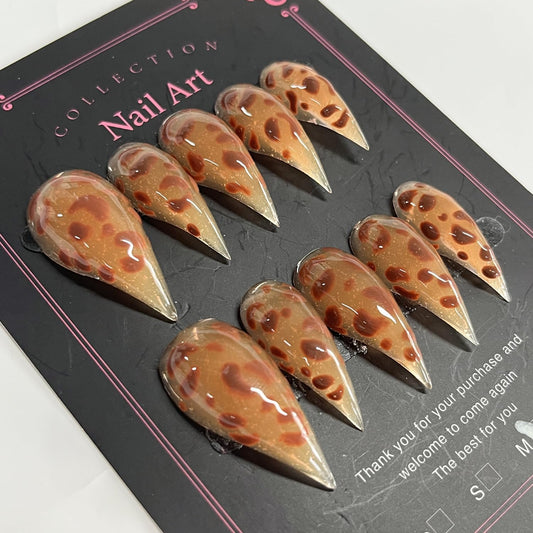 Handmade Press on Nails Medium Stiletto Brown Fake Nails Unique Eagle Claw Thick Acrylic Nails False Nails with Leopard Print Cat Claw Designs Fall Glossy Glue on Nail Curved Sturdy Nail Art 10Pcs(M)