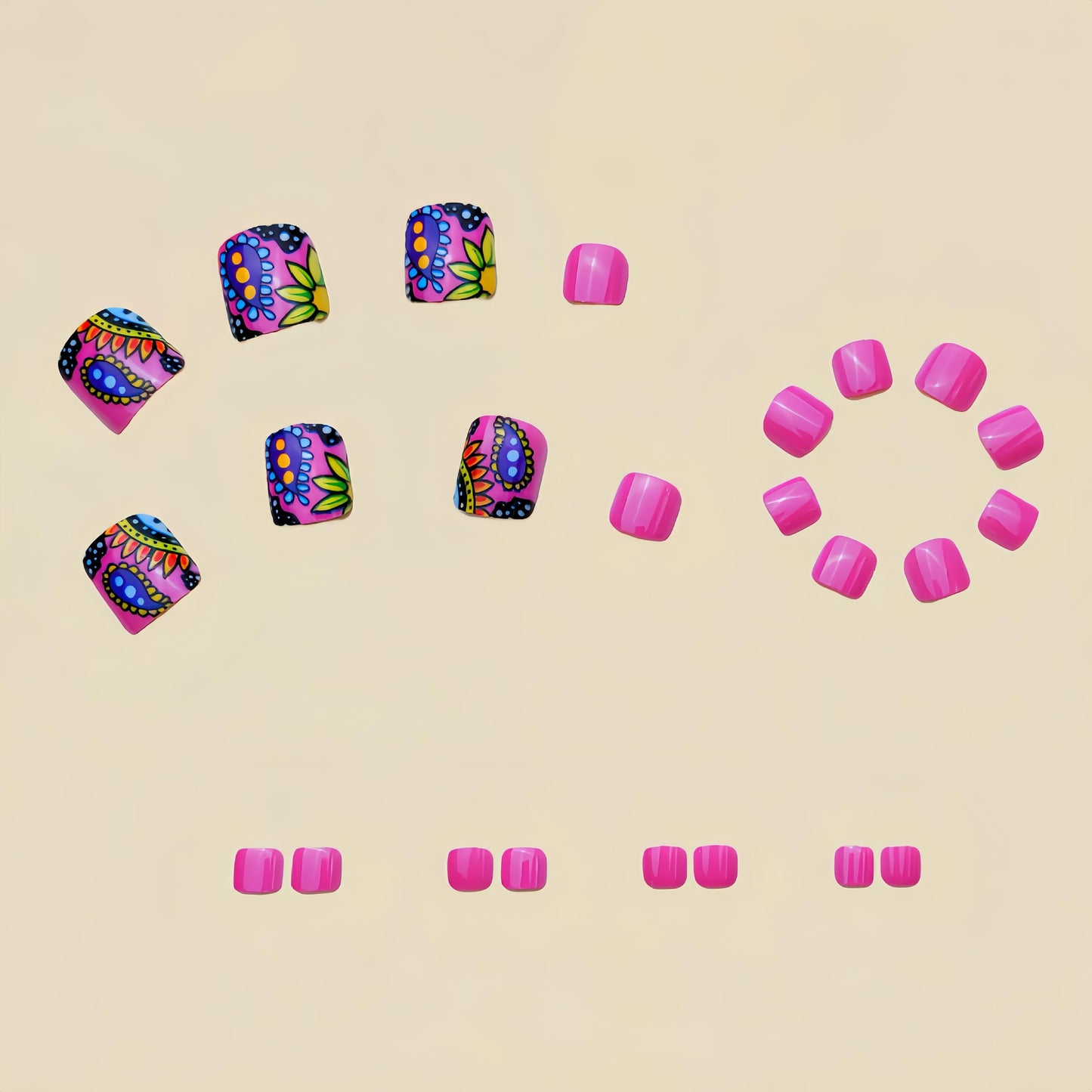 24PCS Hot Pink Press on Toenails Short Square Fake Toenails Summer Toe Press on Nails with Colorful Flower Design Fake Toe Nails Cute Artificial Beach Flower Full Cover Toenail for Women and Girls