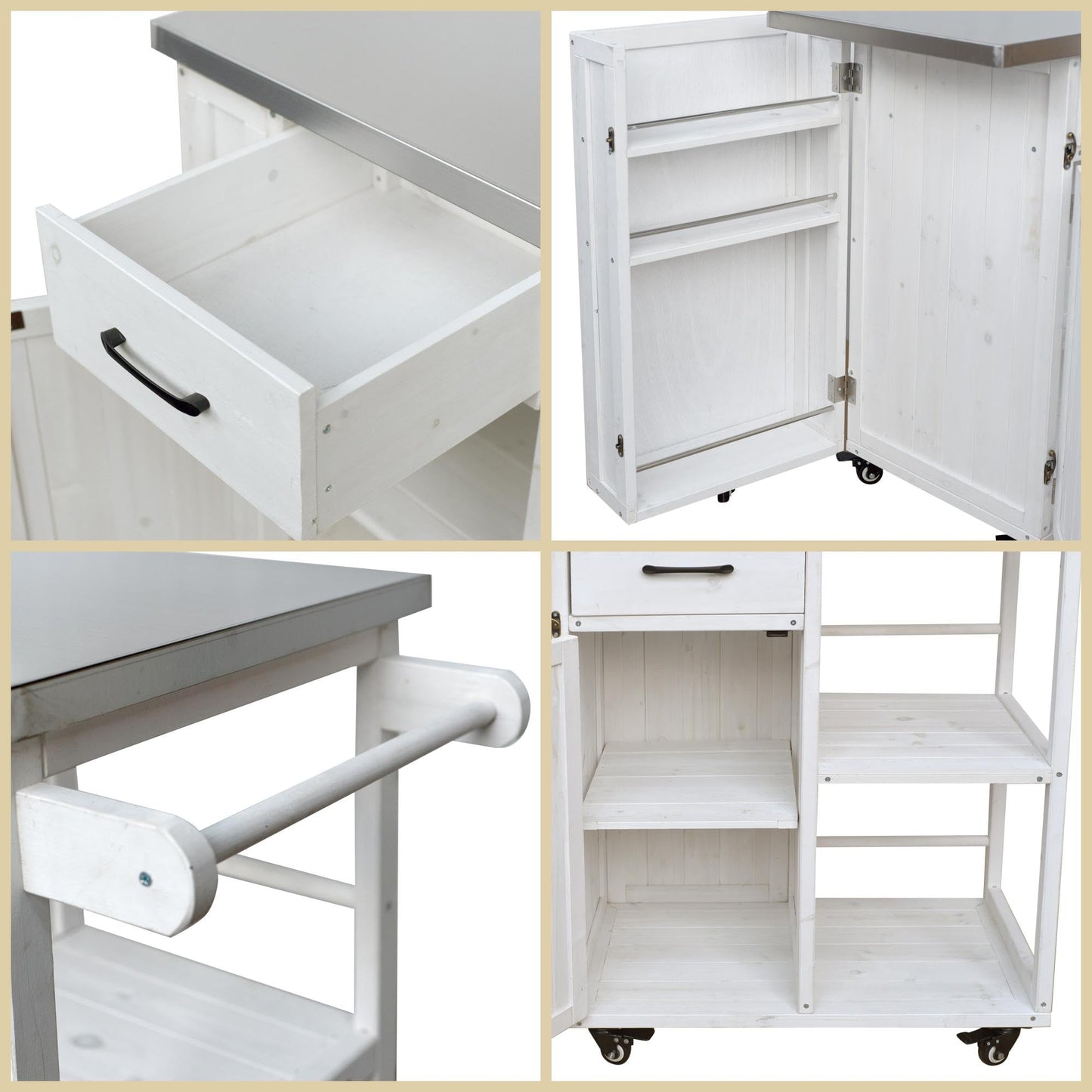 Merax 40.5" Outdoor Grill Cart Table with Storage Cabinet & Stainless Steel Top, Fir Wood Outdoor Kitchen Island on Lockable Wheels, Built-in Towel & Spice Racks for Patio BBQ Food Prep, White