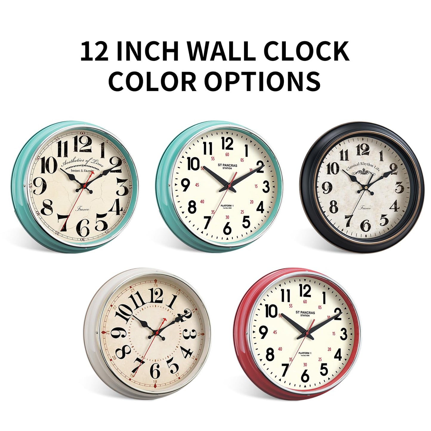 HYJOOY Wall Clock Metal 12.4" Retro Vintage Wall Clocks Countryside Style Silent Non Ticking Easy to Read for Living Room, Kitchen, Bedroom, Office, Bar(12.4" Beige)