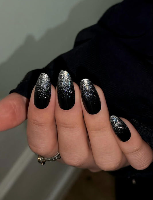 Black Glitter Press on Nails Medium Almond, Y2K Syle, Good for Music Festival, Parties, Daily Wear, Cool-Toned Shimmer Soft Gel Fake Nails, Salon Quality 24pcs Reusable Kit by Nailinism