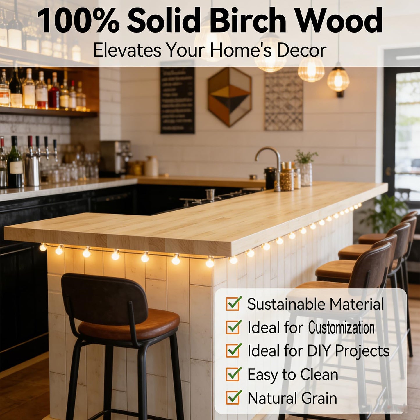 6FT x 39IN Solid Birch Wood Butcher Block Countertop - Intravast 1.5 Inch Thick Unfinished Heavy Duty DIY Butcher Block for Kitchen Island, Bar Top, Workbench, Laundry Room Dining Table