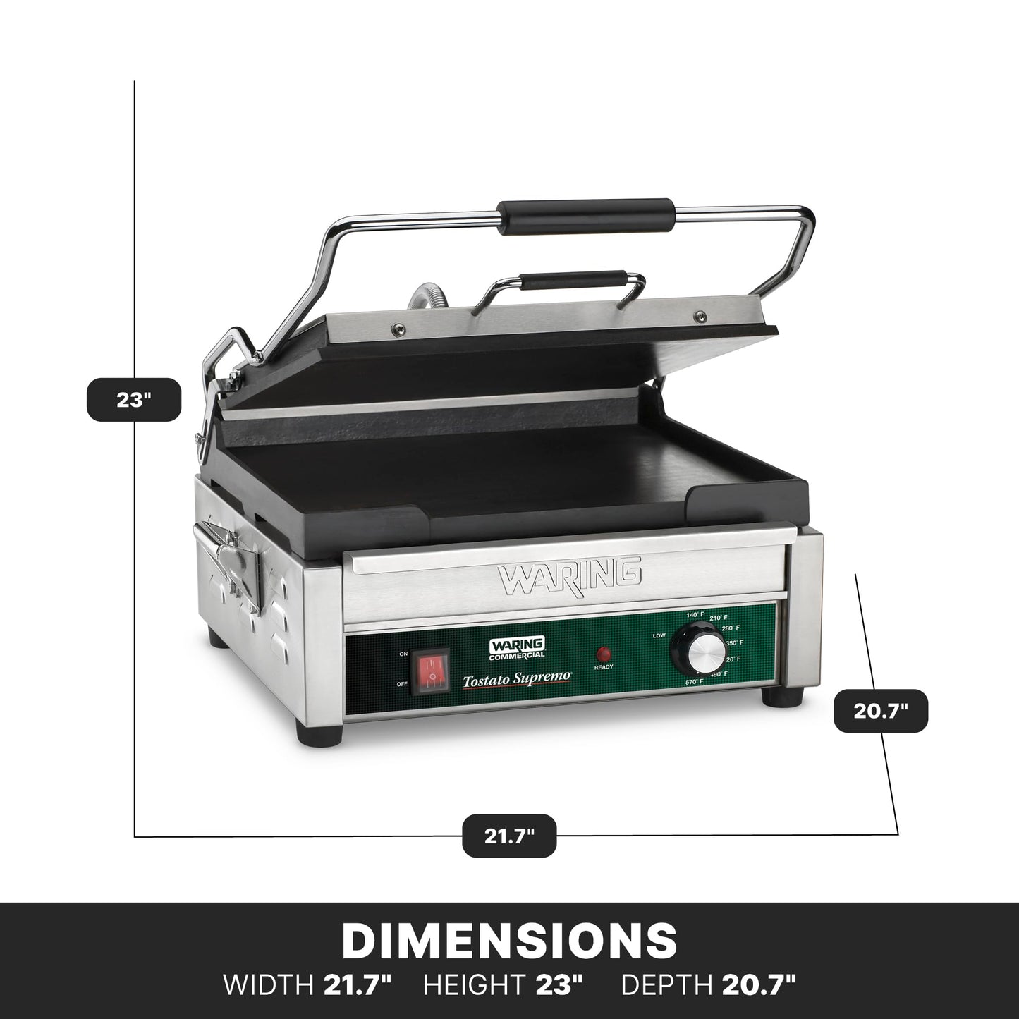 Waring Commercial WFG250 Tostato Supremo® Large Flat Toasting Grill, 120V, 1800W, 5-15 Phase Plug, Silver