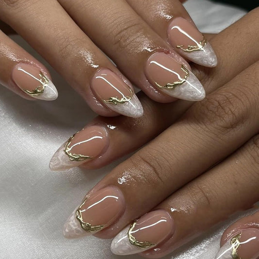 Press On Nails French Tip Fake Nails Glossy False Nails Press Ons With Gold Line Design French Stick On Nails Reusable Full Cover Acrylic Glue On Nail For Women Manicure Decorations