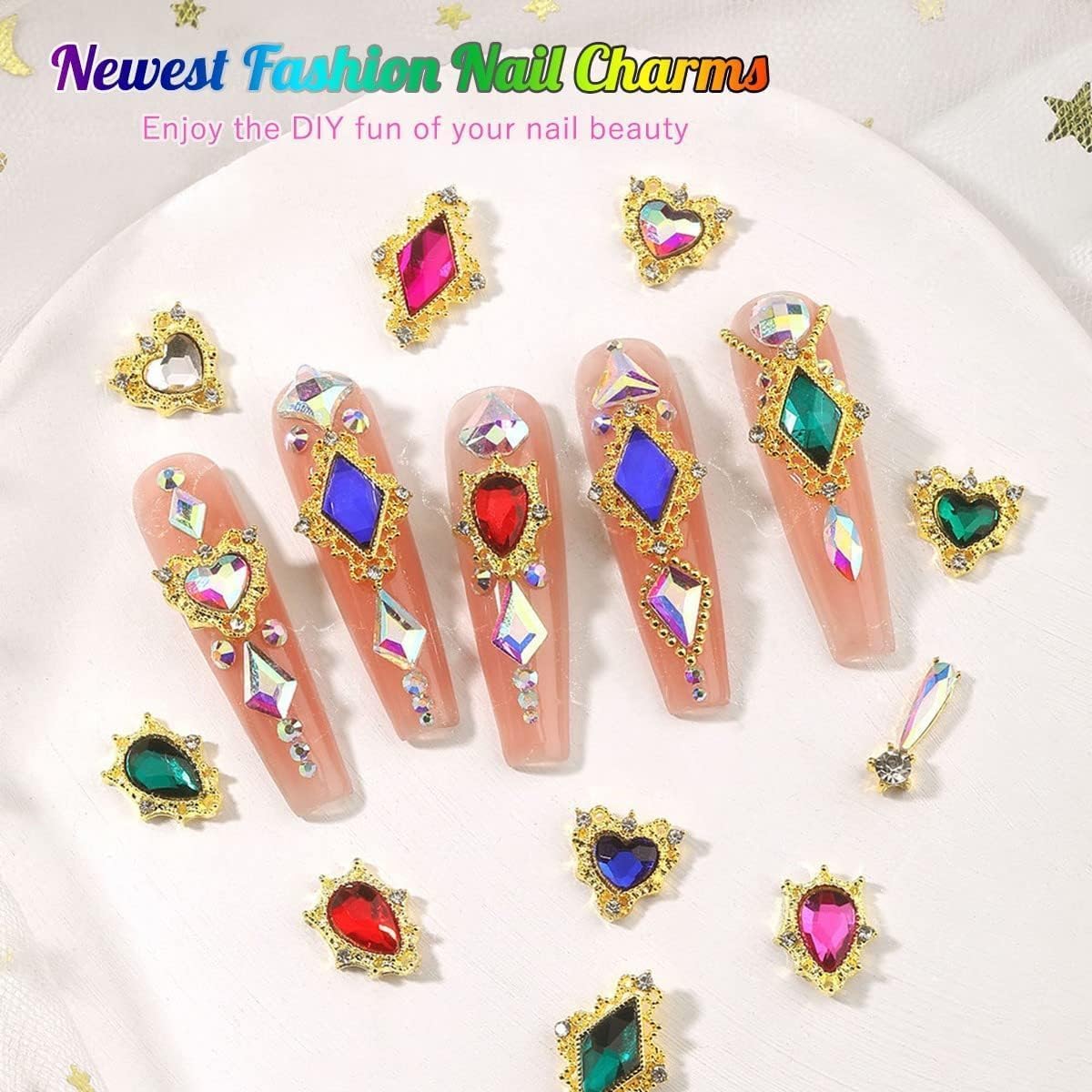 24pcs Green Luxury Nail Charms + 2000pcs Emerald Green Rhinestones 3D Big Gems Glass Crystals Diamonds Jewelry Stones Alloy Art Studs Decor Supplies Heart Charms for Arylic Nails Crafts