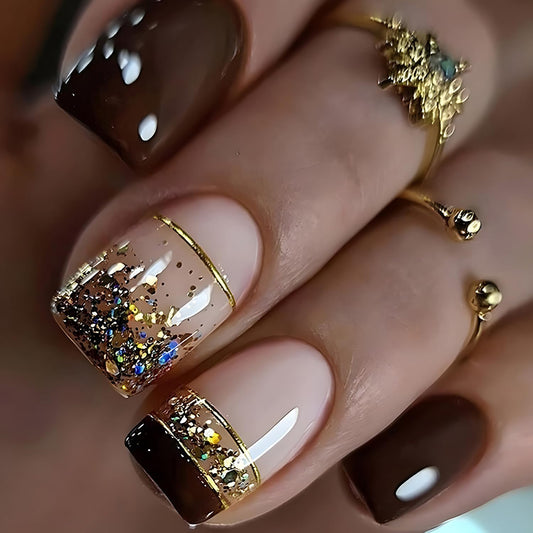 Press on Nails Short Length Brown French False Nails with Gold Foil Design Square Nails Full Cover Glossy Acrylic Nails French Artificial Stick on Nails Reusable Glue on Nails for Women Manicure Kit