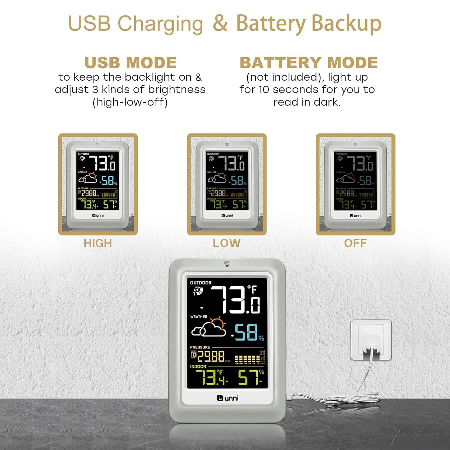 Indoor Outdoor Thermometer Wireless Weather Stations, with 330ft Range Sensor and Adjustable Brightness Inside Outside Temperature Humidity Monitor (Multi)