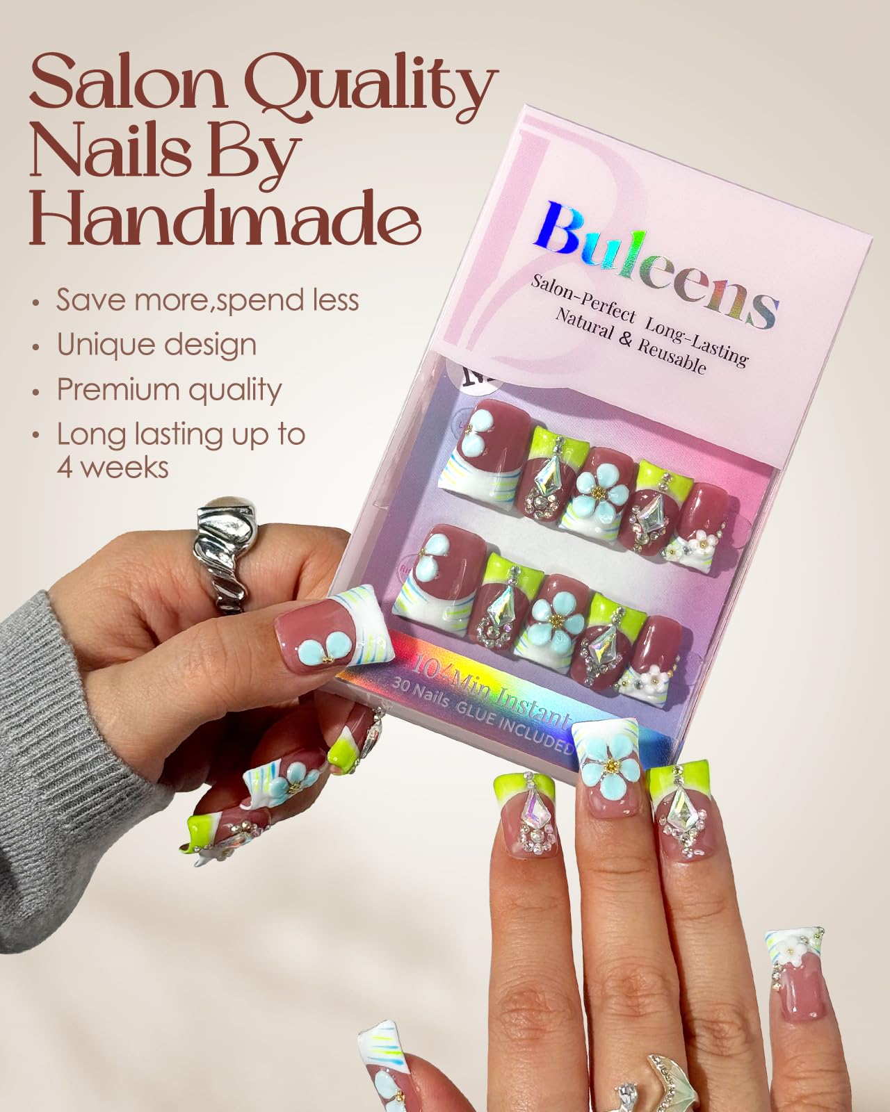 Buleens Handmade Press on Nails Acrylic Duck Nails-10pcs Short Fresh Summer Floral Crystal 3D Fake Nails Kits with Glue