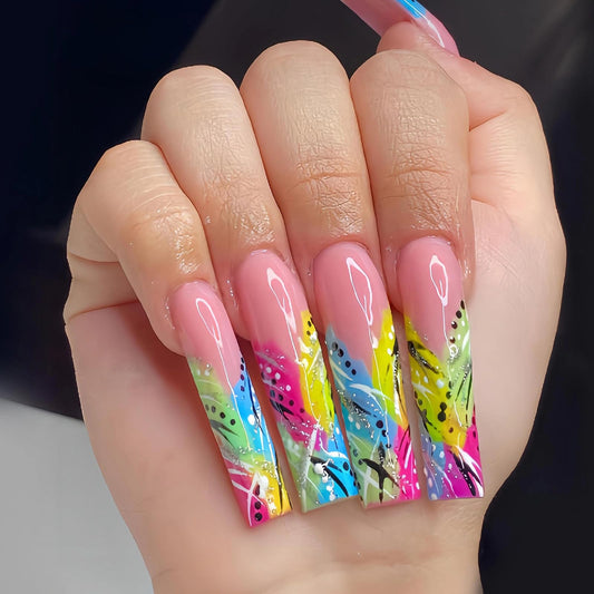 MISUD Press on Nails - Long Square Fake Nails with Summer Colorful, Acrylic Rainbow French Tip Design 24 pcs