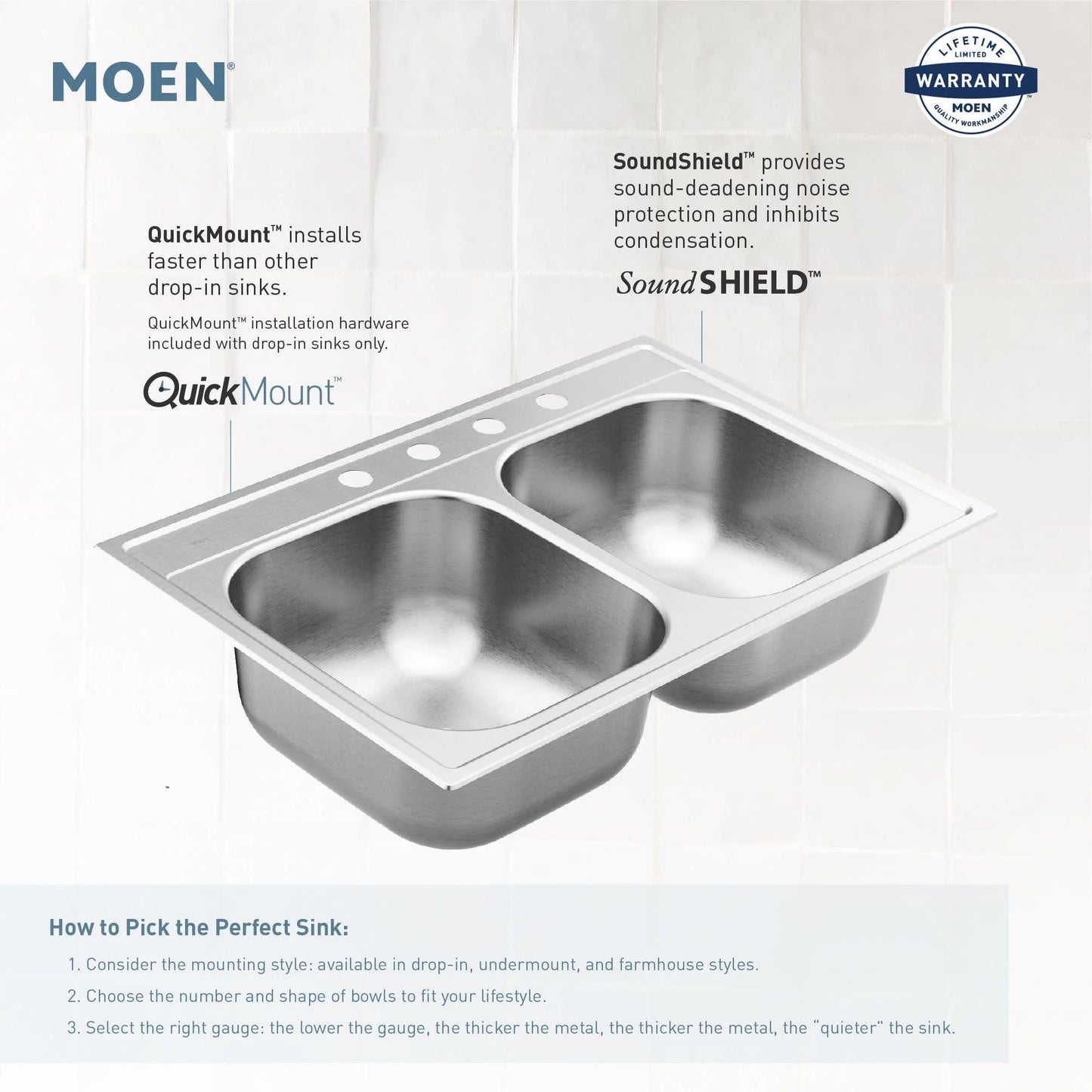 Moen GS181631BQ 1800 Series 33-inch 18 Gauge Drop-in Single Bowl Stainless Steel Kitchen Sink, 7-inch Depth, Featuring QuickMount