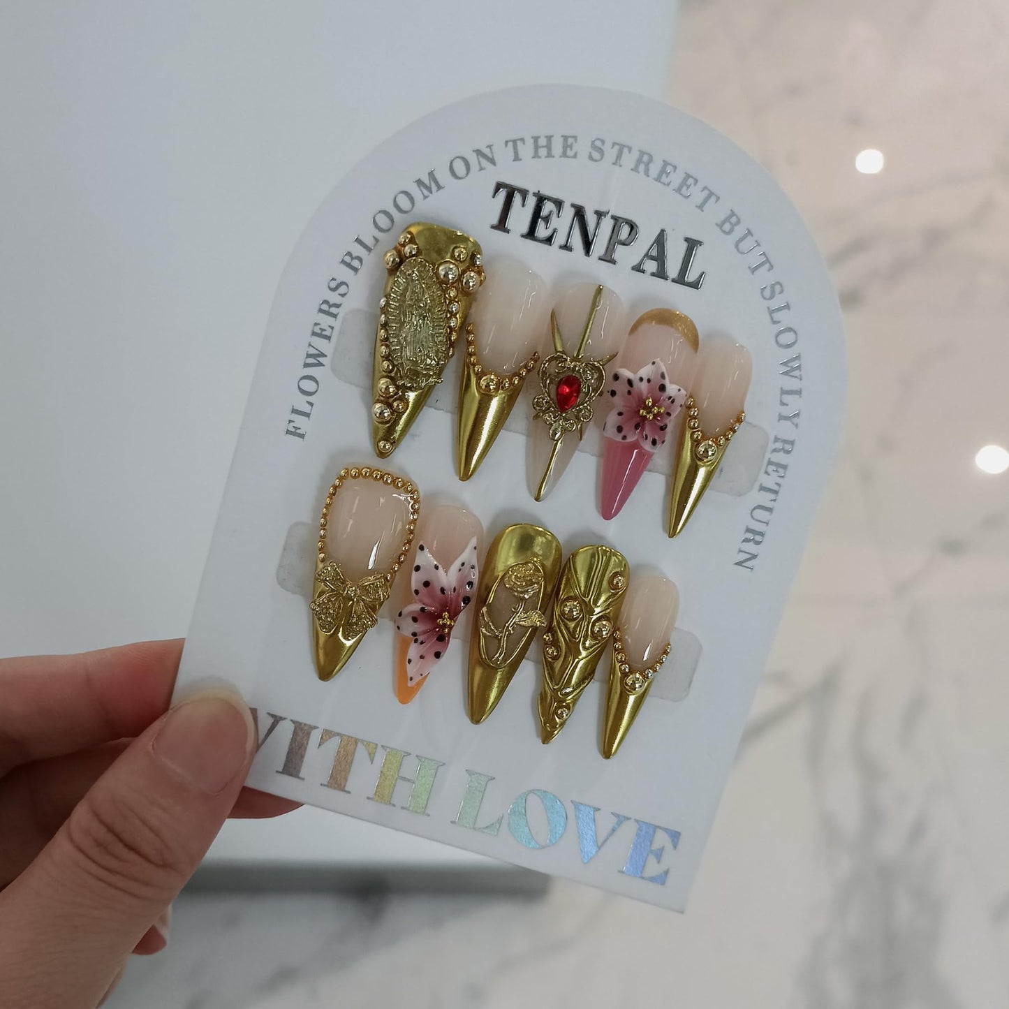 TENPAL Antique Gold French Tips Press on Nails Long Stiletto,Baroque Style Fake Nails with 3D Charms Roses,Cherubs,Bows,Soft Gel Metallic Fake Nails Kit Tools 10pcs,Full Cover Vintage Luxe Nails(M)