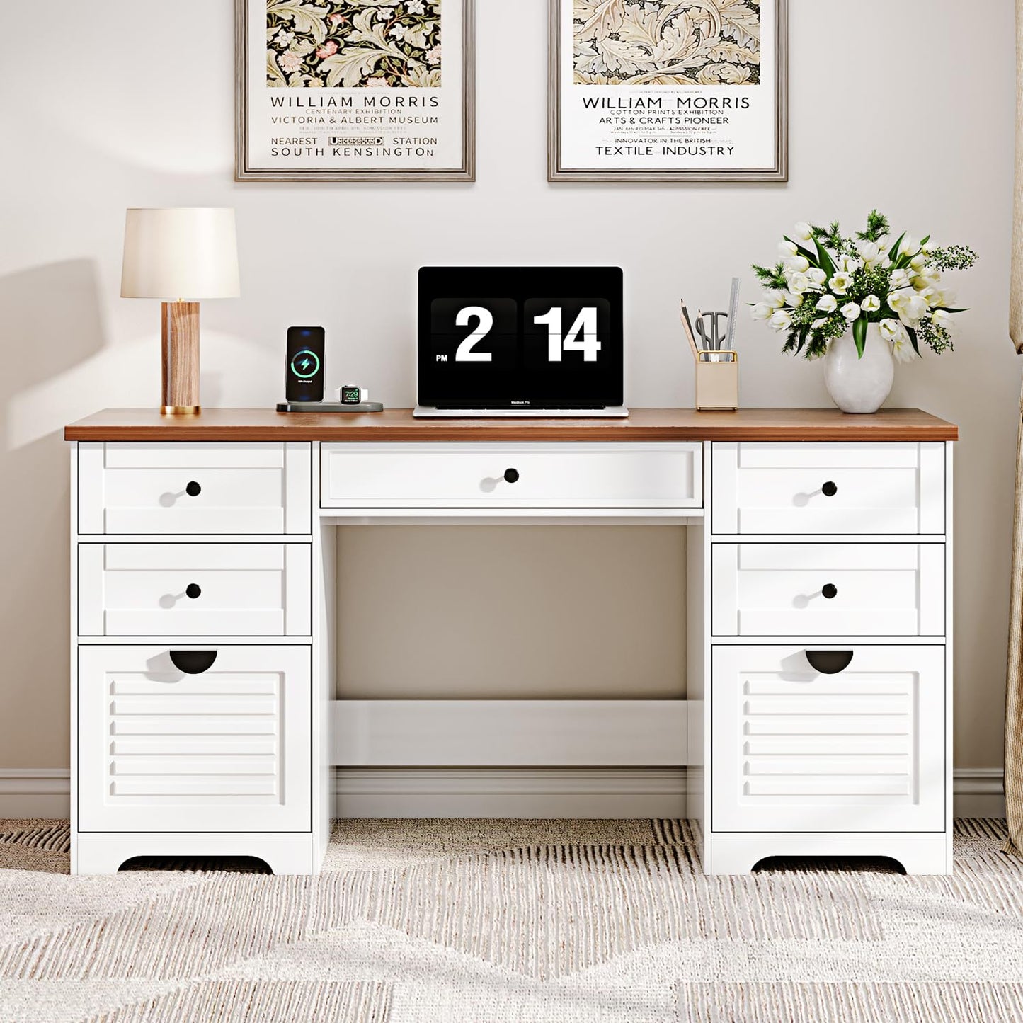 Ieejdn 59" Home Office Desks, Executive Desk, Farmhouse Computer Desk with 7 Drawers and Charging Station, File Drawer, Rustic Computer Writing Desk,Antique Cream